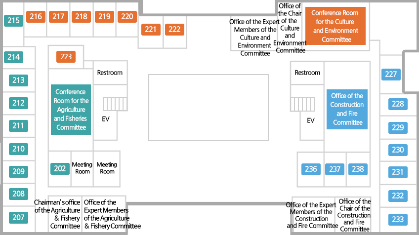 Office of the Culture and Environment Committee Members, Office of the Expert Members of the Culture and Environment Committee, Office of the Chair of the Culture and Environment Committee, Conference Room for the Culture and Environment Committee, Conference Room for the Agriculture and Fisheries Committee, Office of the Agriculture and Fisheries Committee Members, Office of the Chair of the Agriculture and Fisheries Committee, Office of the Expert Members of the Agriculture and Fisheries Committee, Meeting Room, Office of the Construction and Fire Committee, Office of the Construction and Fire Committee Members, Office of the Expert Members of the Construction and Fire Committee, Office of the Chair of the Construction and Fire Committeer
