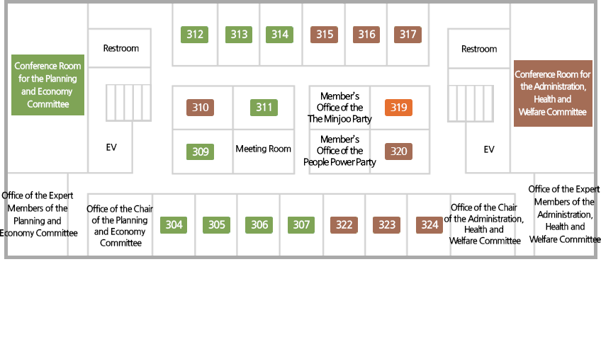 Conference Room for the Planning and Economy Committee, Office of the Expert Members of the Planning and Economy Committee, Office of the Chair of the Planning and Economy Committee, Office of the Planning and Economy Committee Members, Restroom, Office of the Administration, Health and Welfare Committee Members, Conference Room for the Administration, Health and Welfare Committee, Office of the Chair of the Administration, Health and Welfare Committee, Office of the Expert Members of the Administration, Health and Welfare Committee, Office of the Members of the Democratic Party of Korea, Office of the Members of the Liberty Korea Party