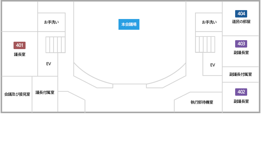 議長室、副議長室、議長付属室、会議及び接見室、本会議場、道民の部屋、執行部待機室、道民の部屋、副議長付属室